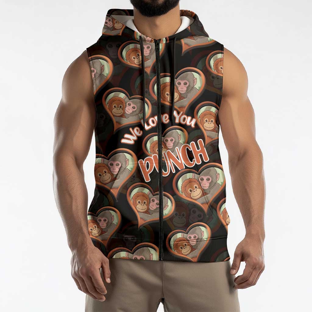Punch The Monkey Sleeveless Zip Hoodie We Love You Seamless Heart Style Black