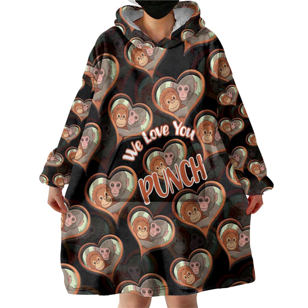 Punch The Monkey Wearable Blanket Hoodie We Love You Seamless Heart Style Black