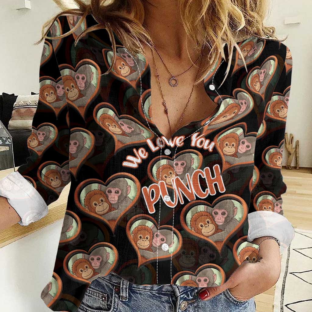 Punch The Monkey Women Casual Shirt We Love You Seamless Heart Style Black