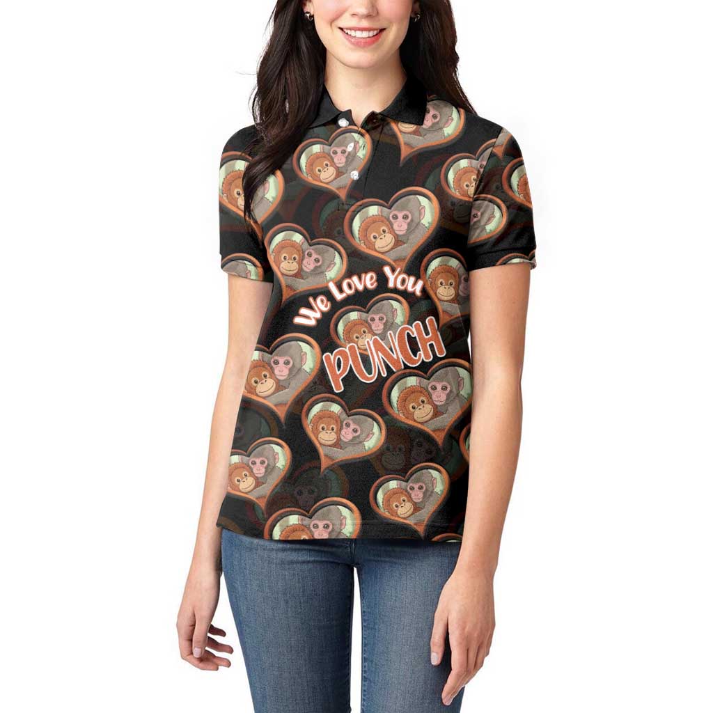 Punch The Monkey Women Polo Shirt We Love You Seamless Heart Style Black