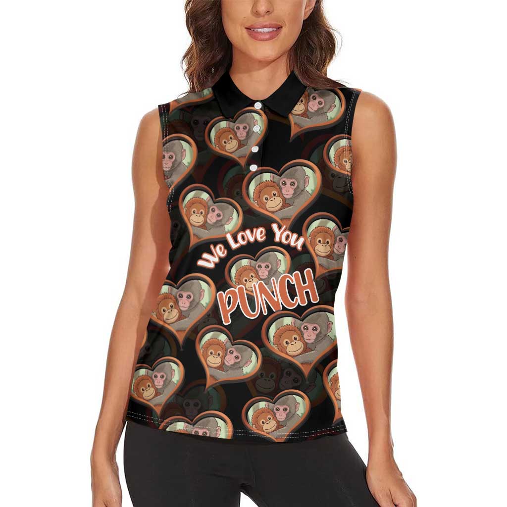 Punch The Monkey Women Sleeveless Polo Shirt We Love You Seamless Heart Style Black