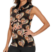 Punch The Monkey Women Sleeveless Polo Shirt We Love You Seamless Heart Style Black