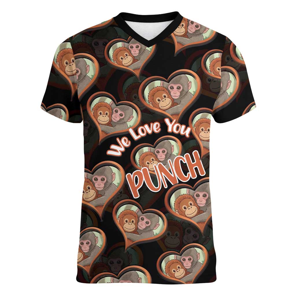 Punch The Monkey Women V-Neck T-Shirt We Love You Seamless Heart Style Black