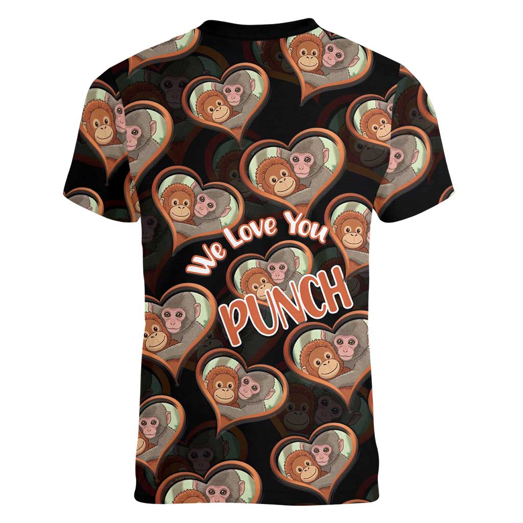 Punch The Monkey Women V-Neck T-Shirt We Love You Seamless Heart Style Black