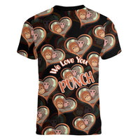 Punch The Monkey Women V-Neck T-Shirt We Love You Seamless Heart Style Black