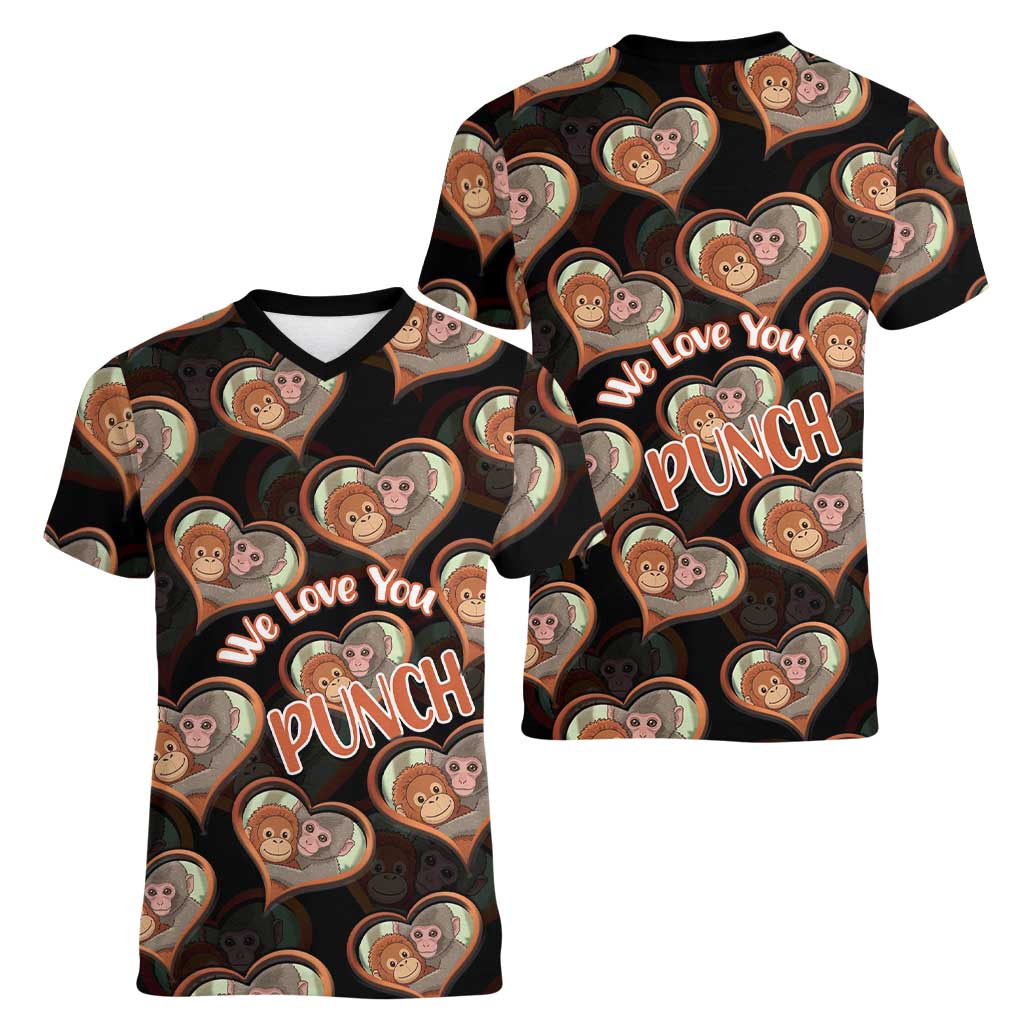 Punch The Monkey Women V-Neck T-Shirt We Love You Seamless Heart Style Black