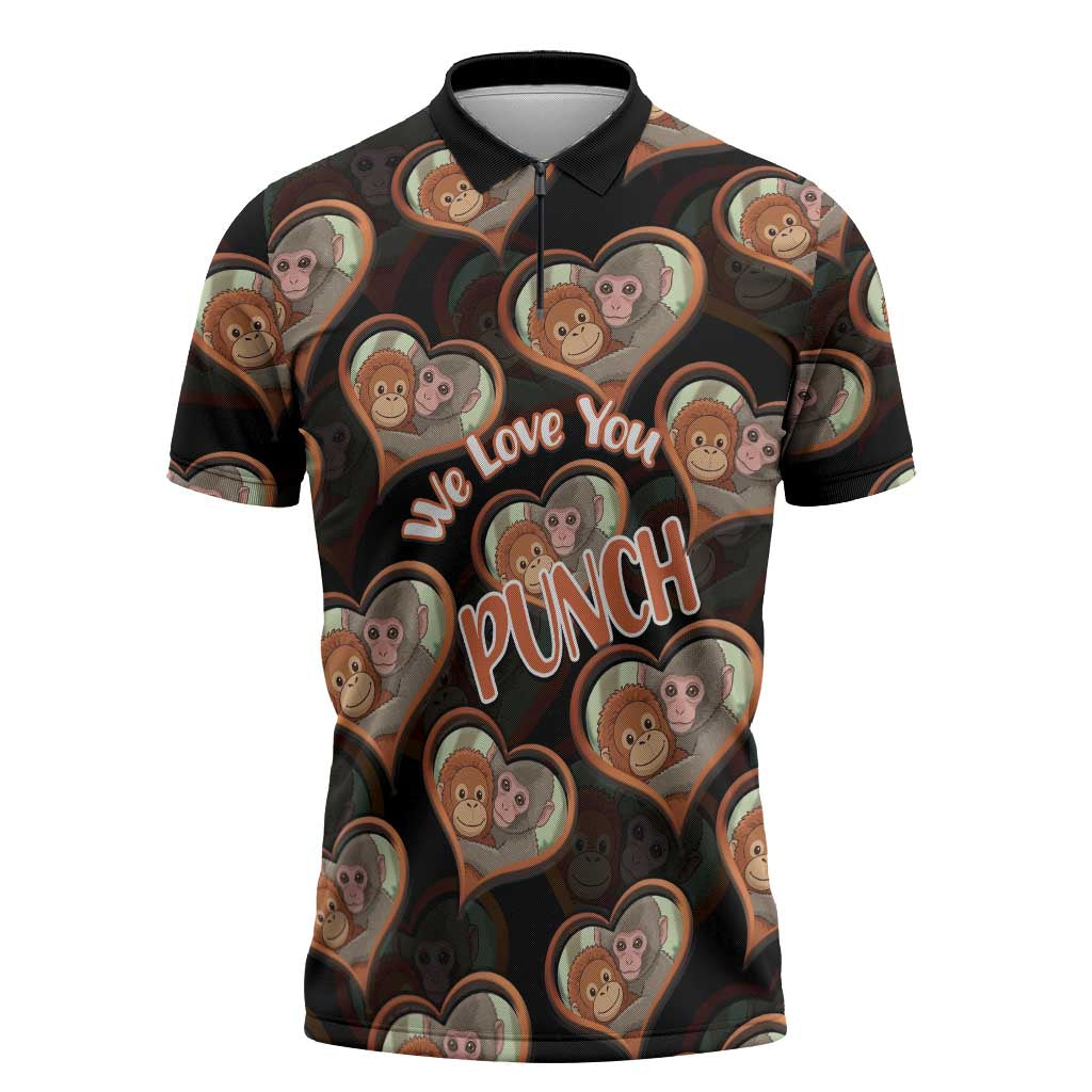 Punch The Monkey Zipper Polo Shirt We Love You Seamless Heart Style Black