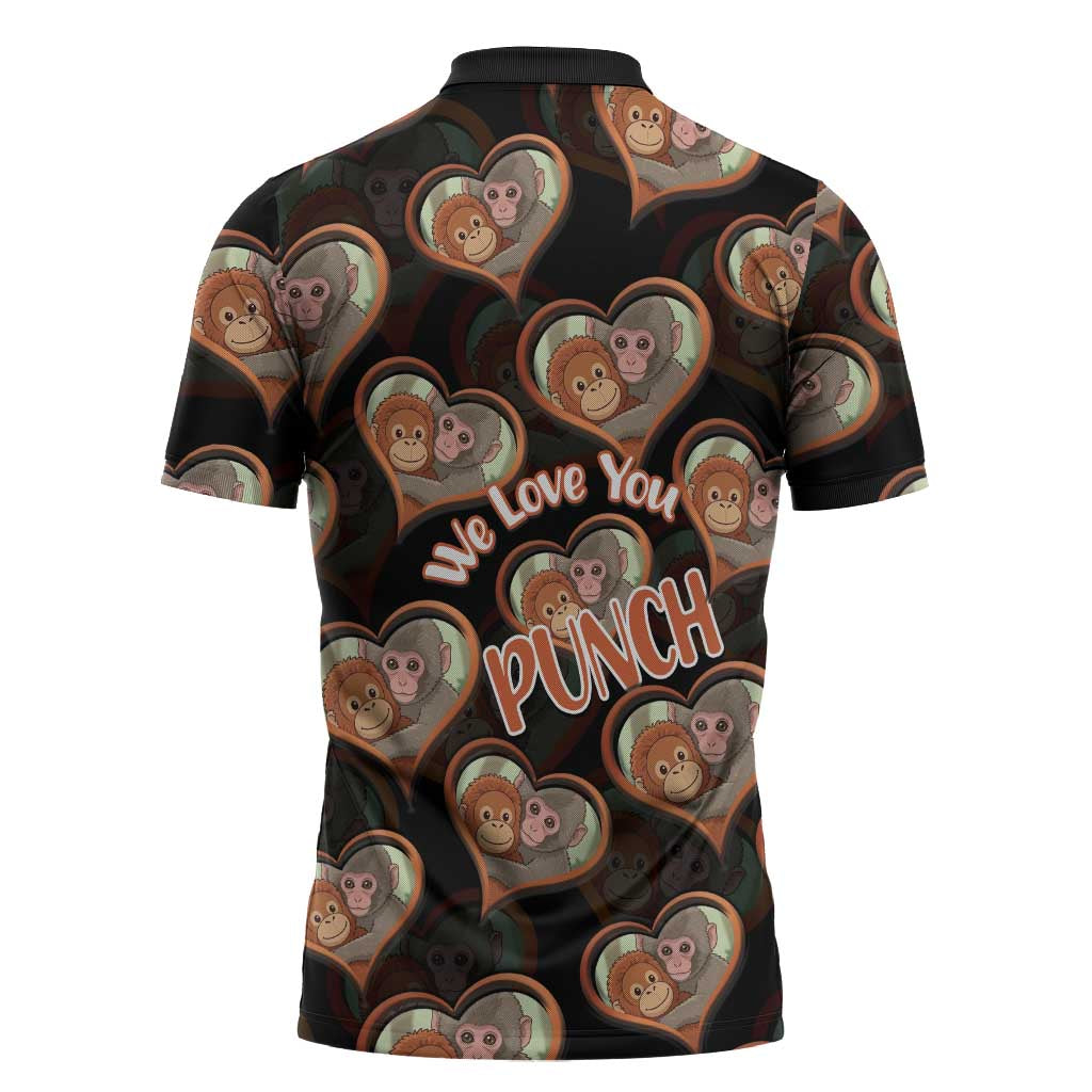 Punch The Monkey Zipper Polo Shirt We Love You Seamless Heart Style Black