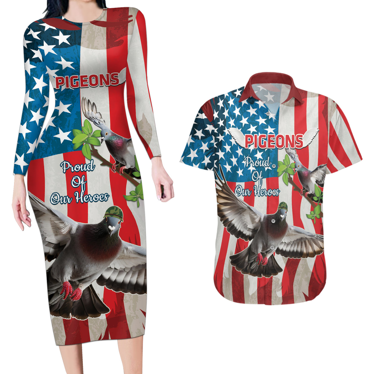 Personalized United States Pigeon Day Couples Matching Long Sleeve Bodycon Dress and Hawaiian Shirt Proud Of Our Heroes Grunge Style - Wonder Print Shop