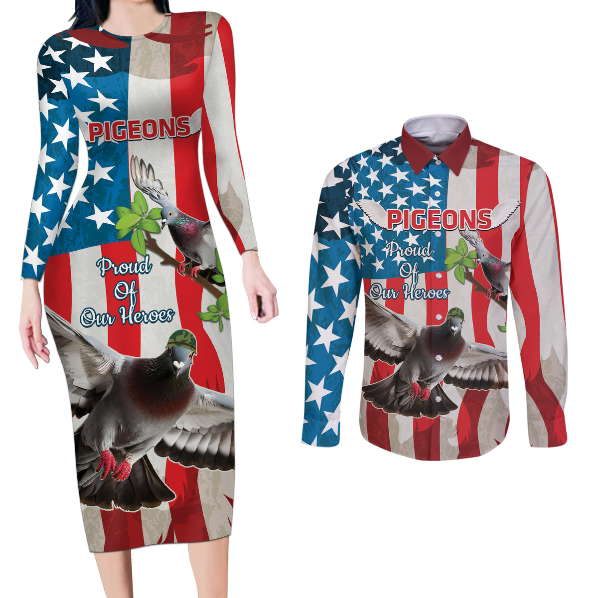 Personalized United States Pigeon Day Couples Matching Long Sleeve Bodycon Dress and Long Sleeve Button Shirt Proud Of Our Heroes Grunge Style - Wonder Print Shop