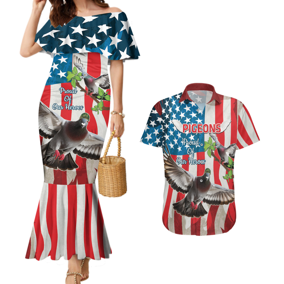 Personalized United States Pigeon Day Couples Matching Mermaid Dress and Hawaiian Shirt Proud Of Our Heroes Grunge Style - Wonder Print Shop