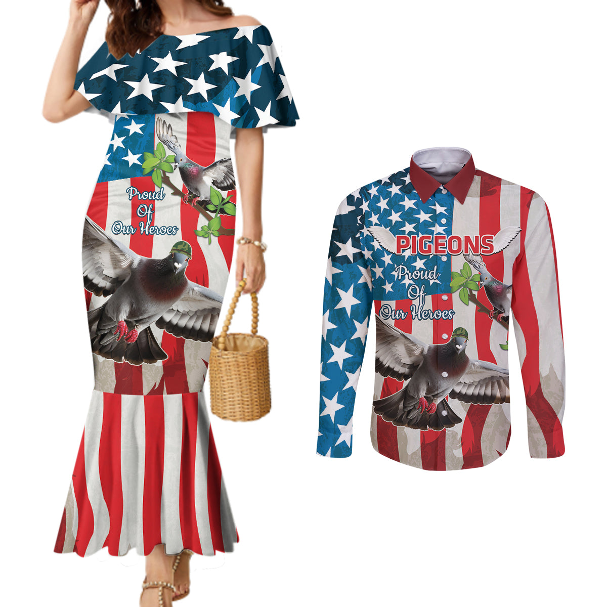 Personalized United States Pigeon Day Couples Matching Mermaid Dress and Long Sleeve Button Shirt Proud Of Our Heroes Grunge Style