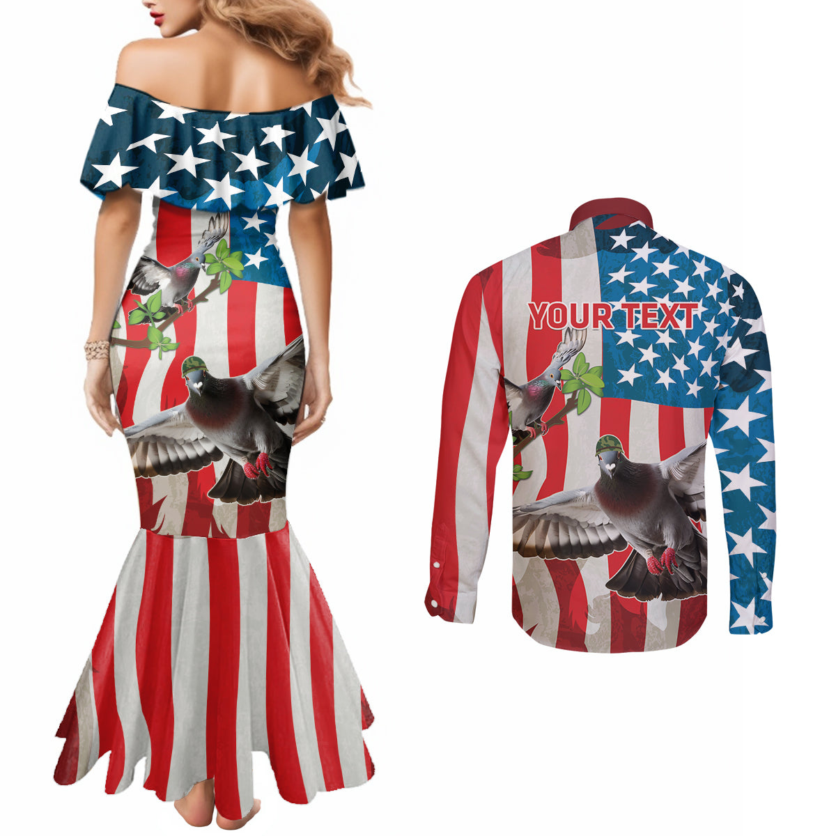 Personalized United States Pigeon Day Couples Matching Mermaid Dress and Long Sleeve Button Shirt Proud Of Our Heroes Grunge Style