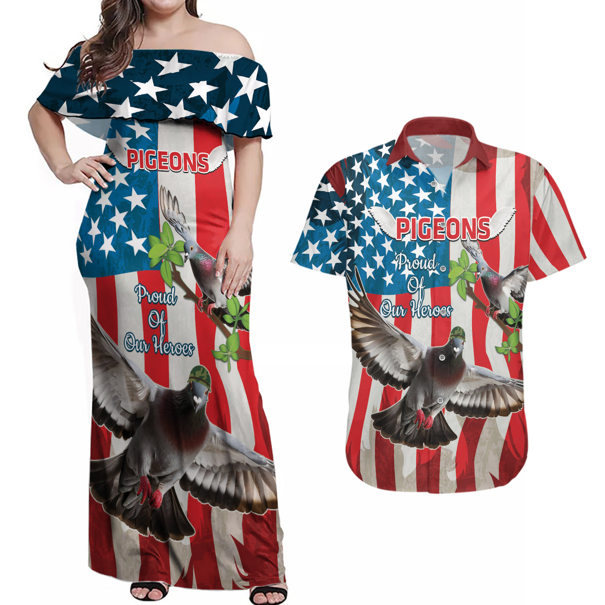 Personalized United States Pigeon Day Couples Matching Off Shoulder Maxi Dress and Hawaiian Shirt Proud Of Our Heroes Grunge Style - Wonder Print Shop