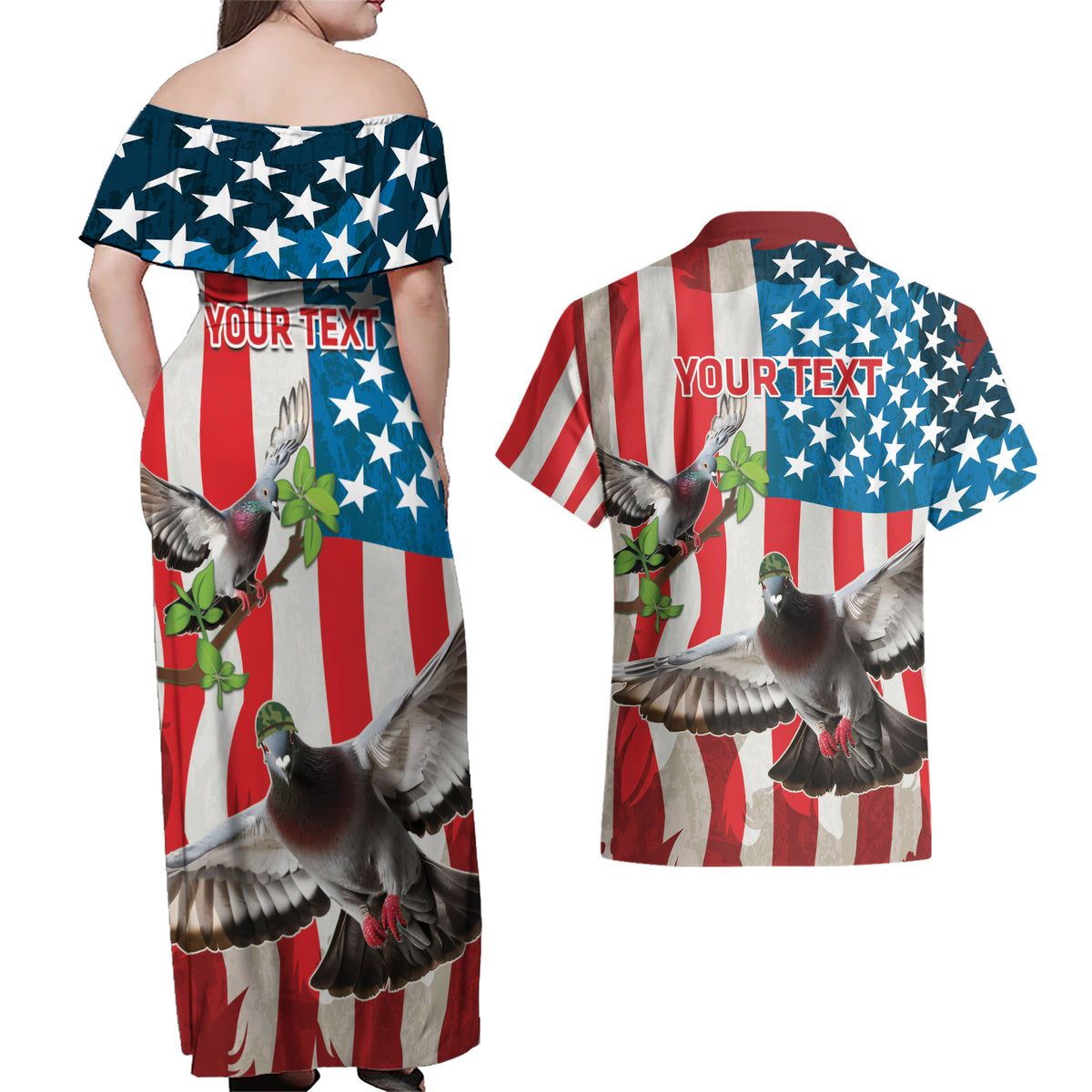 Personalized United States Pigeon Day Couples Matching Off Shoulder Maxi Dress and Hawaiian Shirt Proud Of Our Heroes Grunge Style - Wonder Print Shop