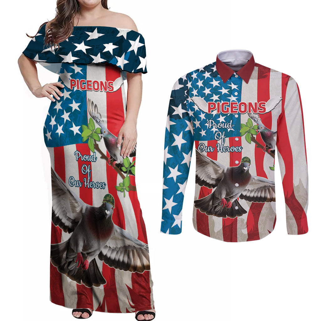 Personalized United States Pigeon Day Couples Matching Off Shoulder Maxi Dress and Long Sleeve Button Shirt Proud Of Our Heroes Grunge Style - Wonder Print Shop