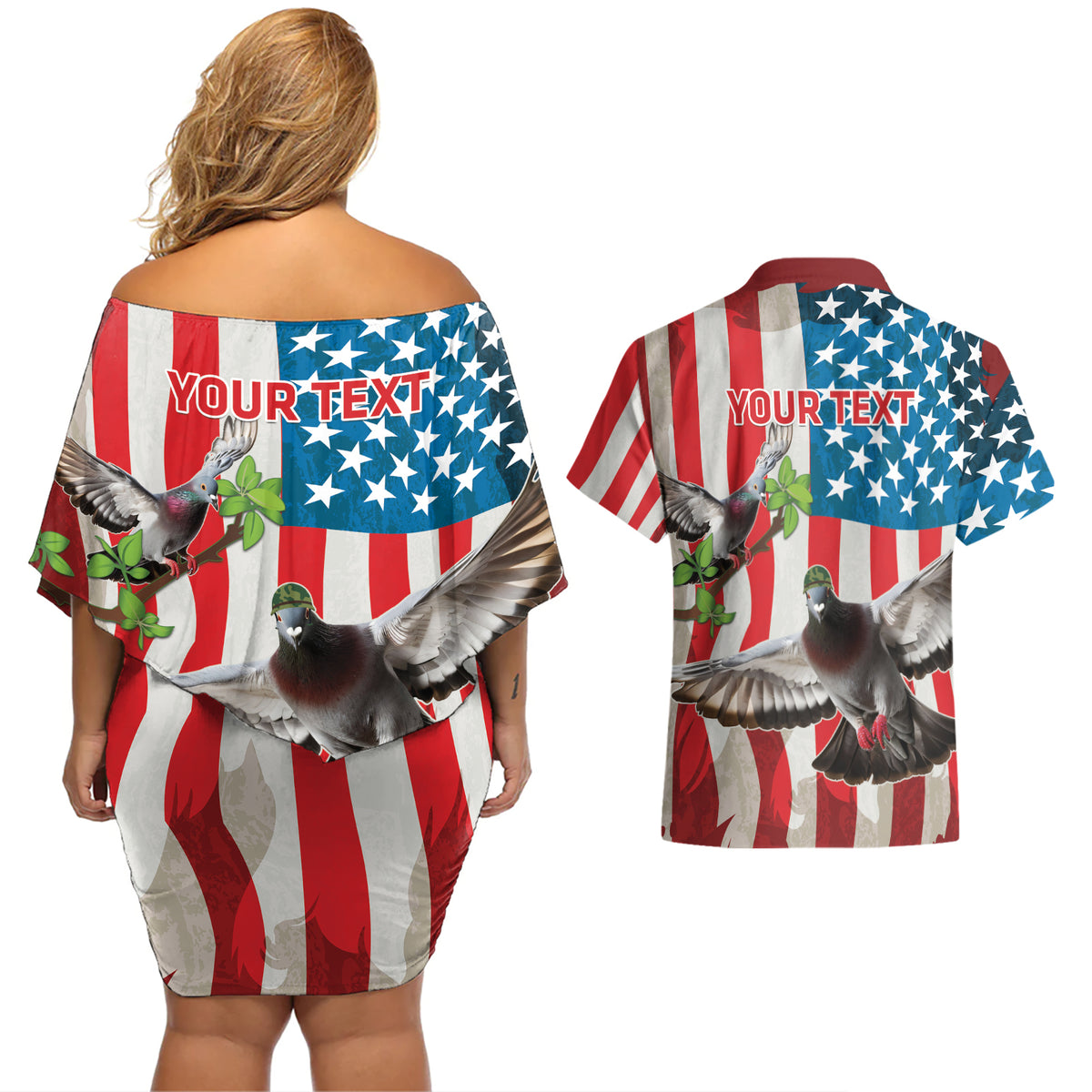 Personalized United States Pigeon Day Couples Matching Off Shoulder Short Dress and Hawaiian Shirt Proud Of Our Heroes Grunge Style - Wonder Print Shop