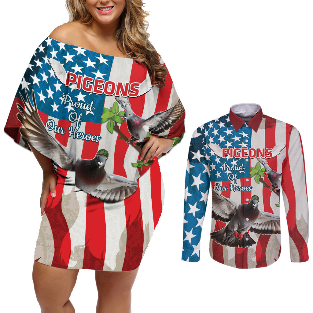 Personalized United States Pigeon Day Couples Matching Off Shoulder Short Dress and Long Sleeve Button Shirt Proud Of Our Heroes Grunge Style - Wonder Print Shop
