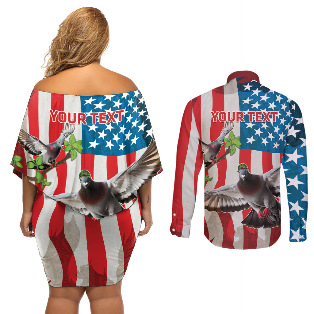 Personalized United States Pigeon Day Couples Matching Off Shoulder Short Dress and Long Sleeve Button Shirt Proud Of Our Heroes Grunge Style - Wonder Print Shop