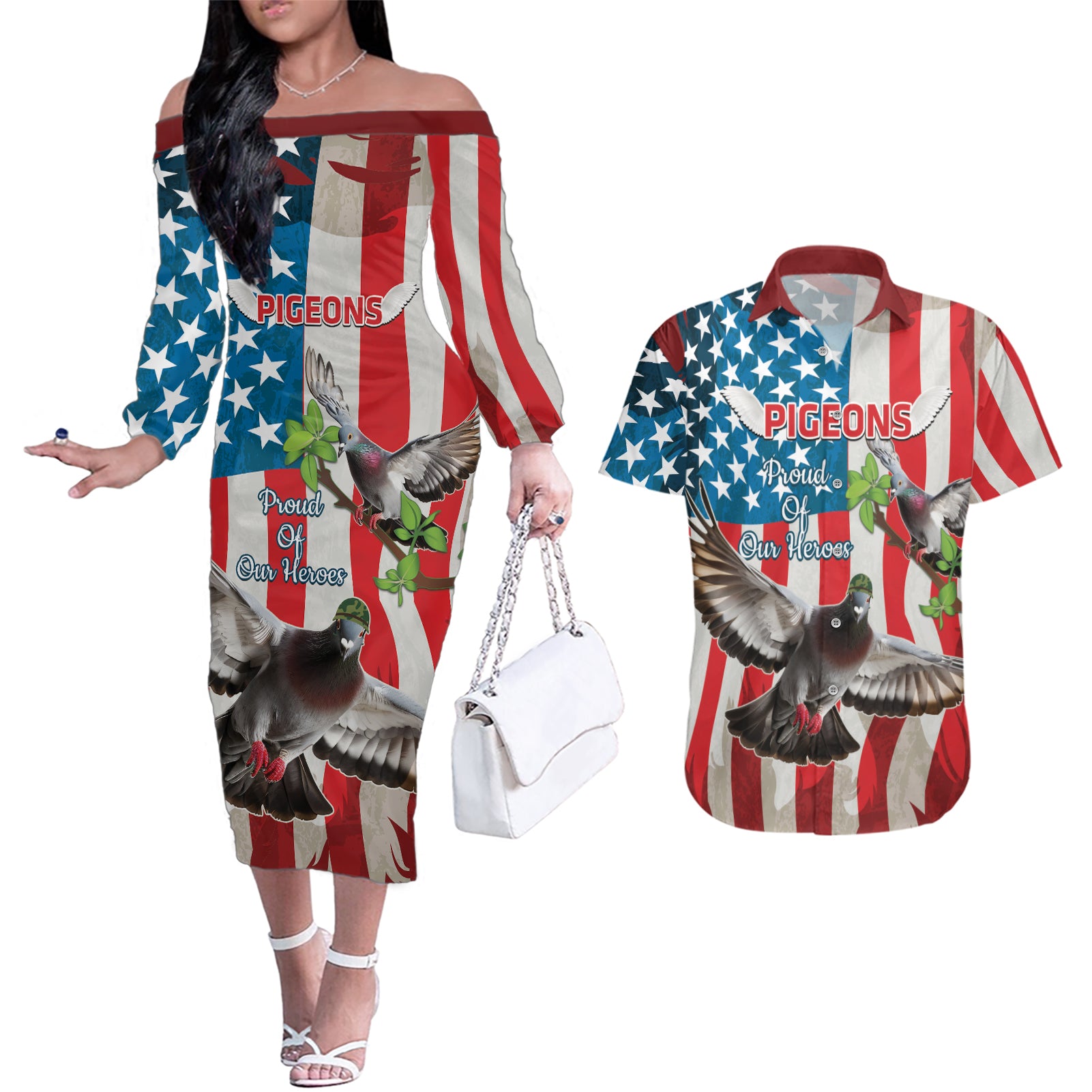 Personalized United States Pigeon Day Couples Matching Off The Shoulder Long Sleeve Dress and Hawaiian Shirt Proud Of Our Heroes Grunge Style - Wonder Print Shop