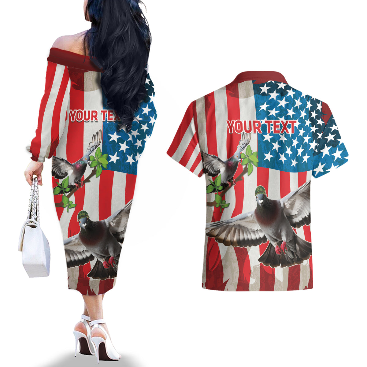 Personalized United States Pigeon Day Couples Matching Off The Shoulder Long Sleeve Dress and Hawaiian Shirt Proud Of Our Heroes Grunge Style - Wonder Print Shop