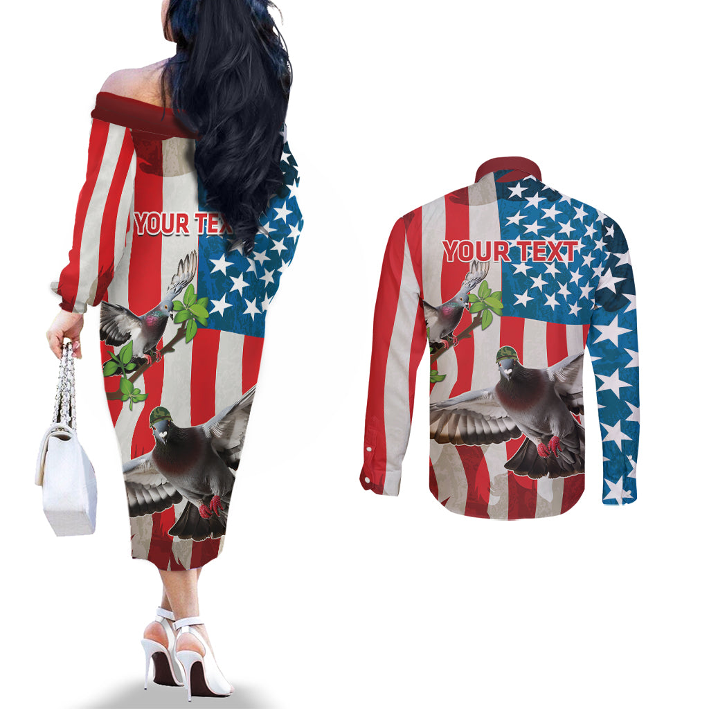 Personalized United States Pigeon Day Couples Matching Off The Shoulder Long Sleeve Dress and Long Sleeve Button Shirt Proud Of Our Heroes Grunge Style