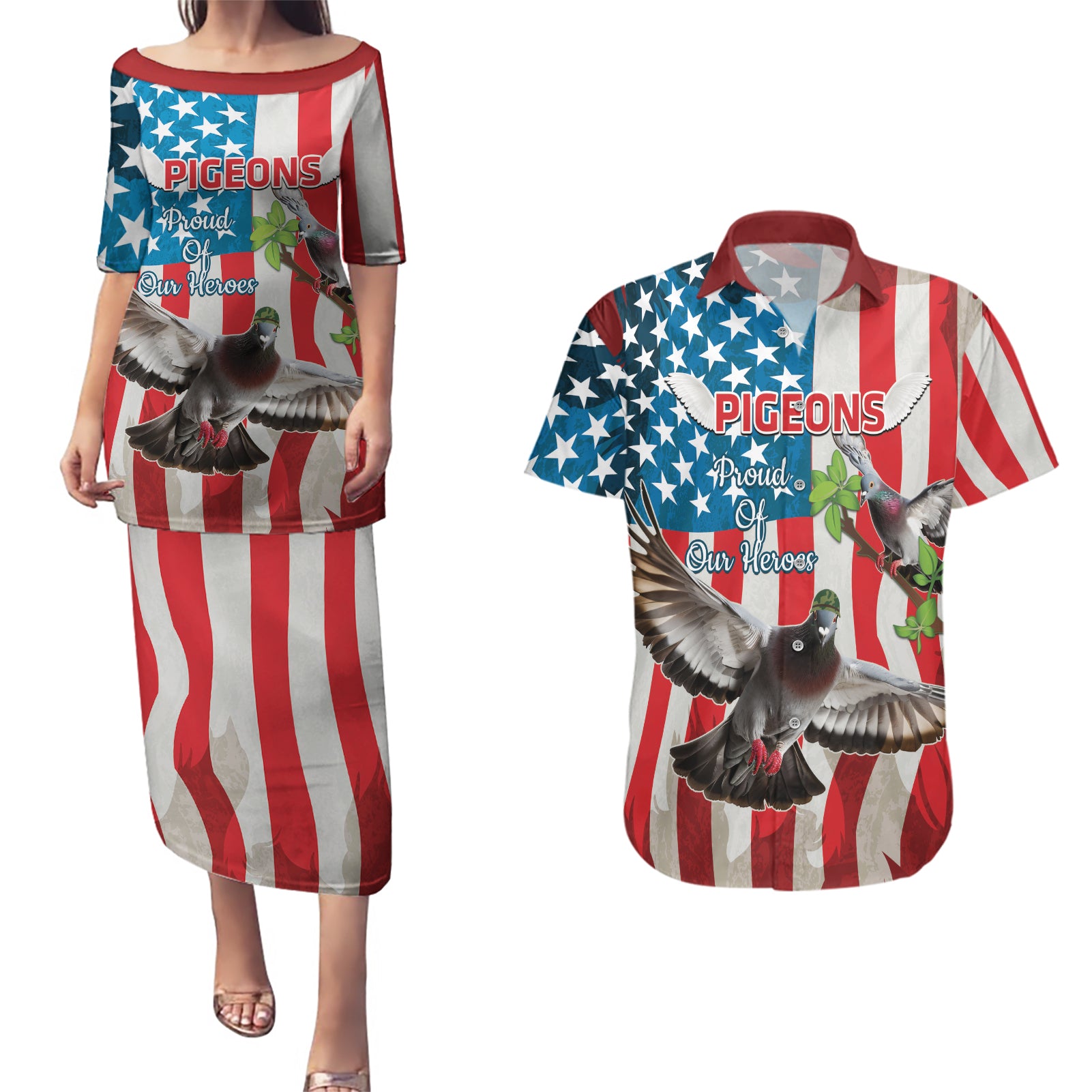 Personalized United States Pigeon Day Couples Matching Puletasi and Hawaiian Shirt Proud Of Our Heroes Grunge Style - Wonder Print Shop