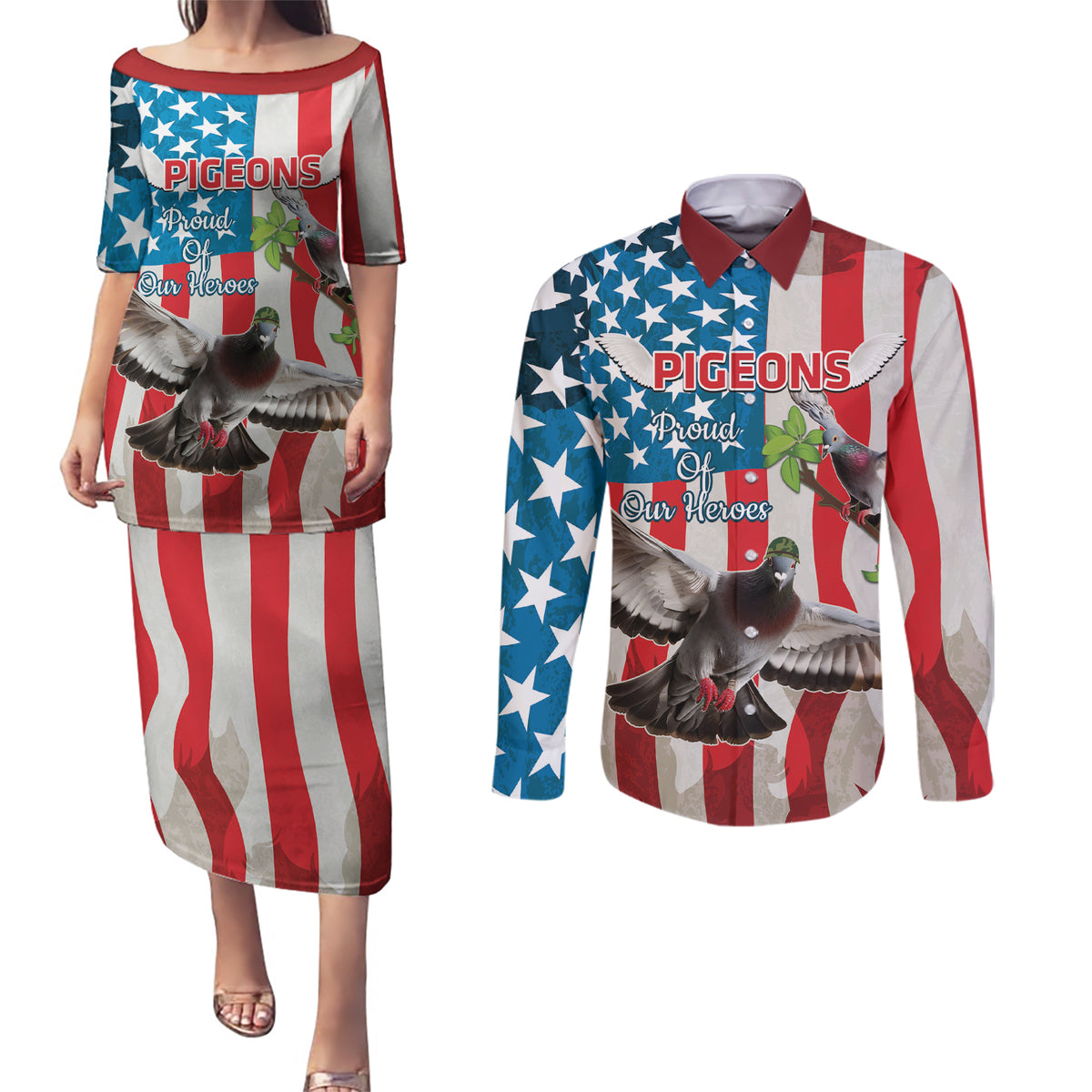 Personalized United States Pigeon Day Couples Matching Puletasi and Long Sleeve Button Shirt Proud Of Our Heroes Grunge Style - Wonder Print Shop