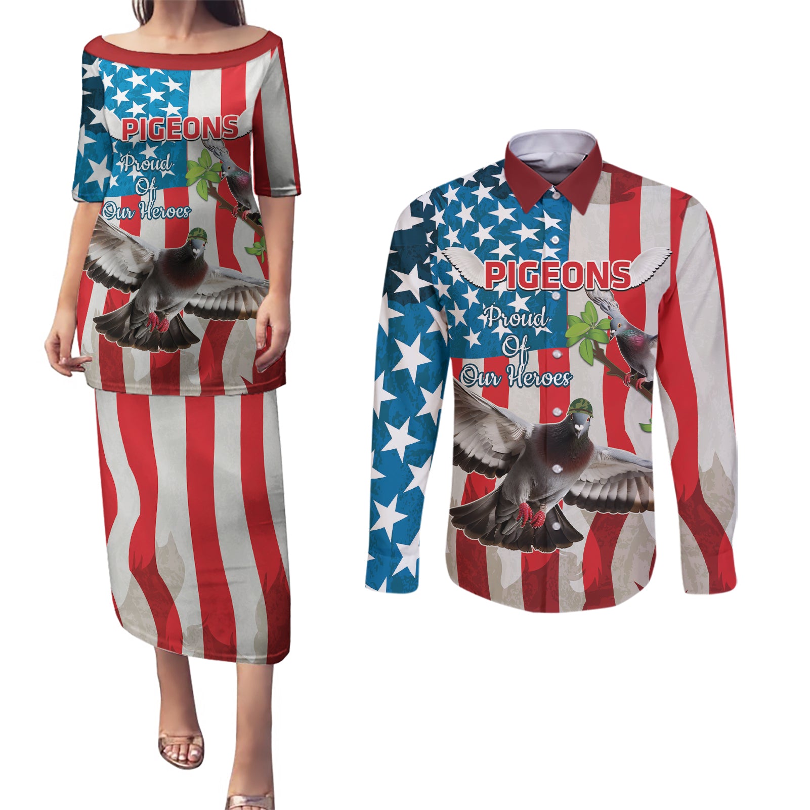 Personalized United States Pigeon Day Couples Matching Puletasi and Long Sleeve Button Shirt Proud Of Our Heroes Grunge Style - Wonder Print Shop