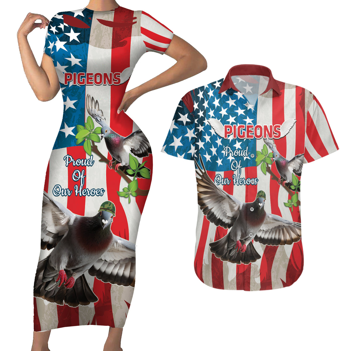 Personalized United States Pigeon Day Couples Matching Short Sleeve Bodycon Dress and Hawaiian Shirt Proud Of Our Heroes Grunge Style - Wonder Print Shop
