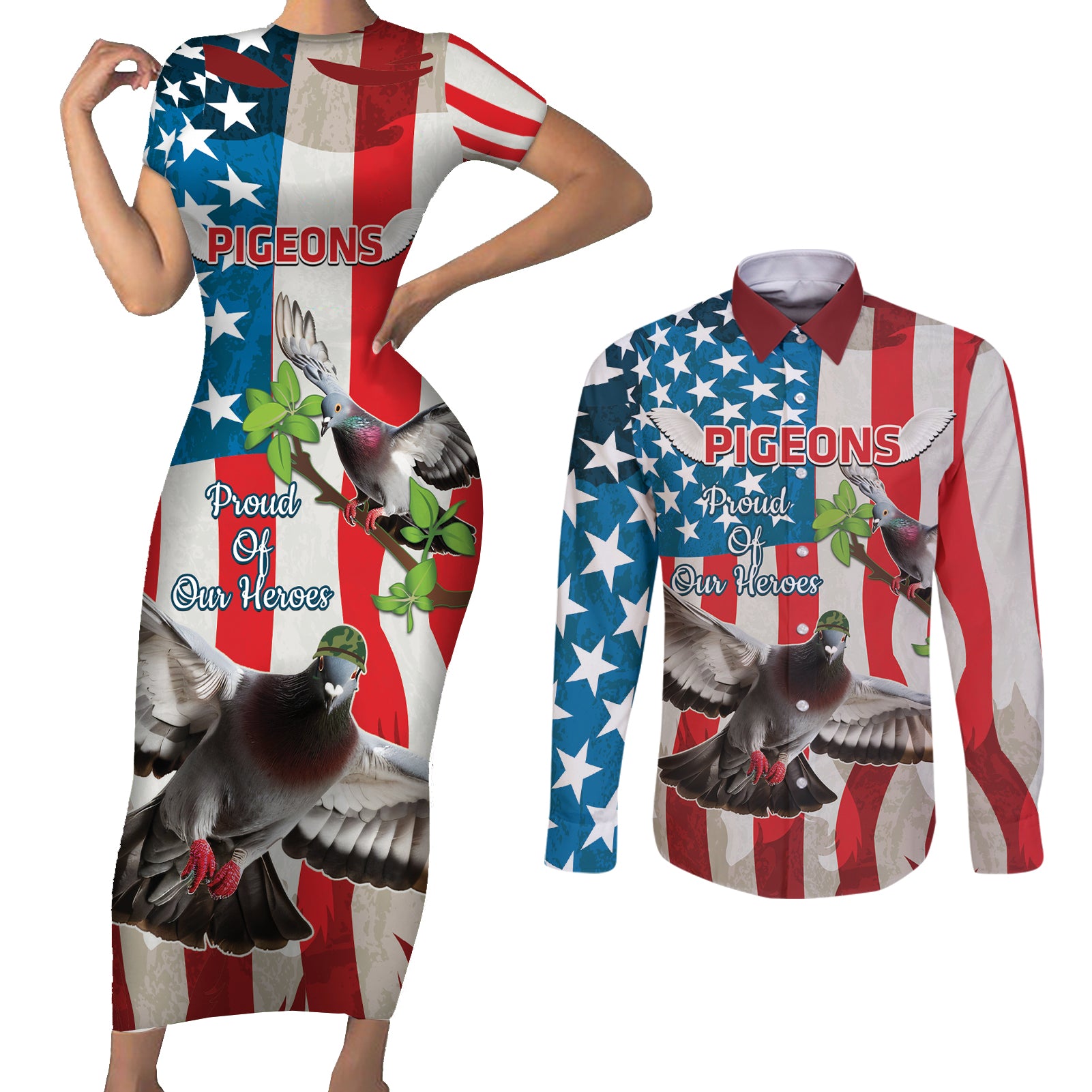 Personalized United States Pigeon Day Couples Matching Short Sleeve Bodycon Dress and Long Sleeve Button Shirt Proud Of Our Heroes Grunge Style - Wonder Print Shop