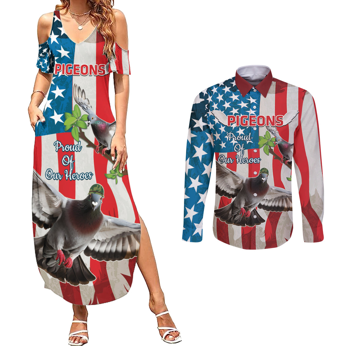 Personalized United States Pigeon Day Couples Matching Summer Maxi Dress and Long Sleeve Button Shirt Proud Of Our Heroes Grunge Style - Wonder Print Shop