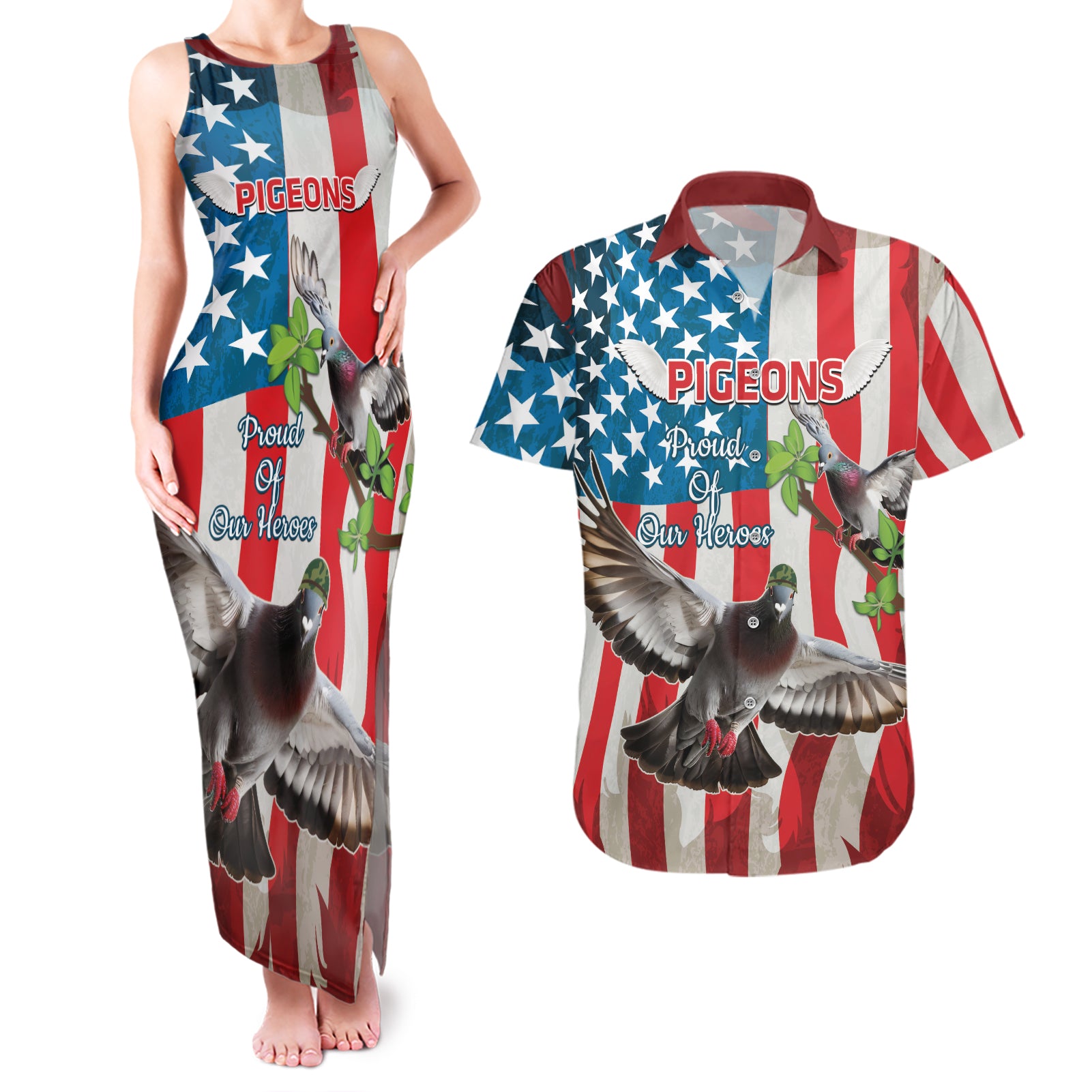 Personalized United States Pigeon Day Couples Matching Tank Maxi Dress and Hawaiian Shirt Proud Of Our Heroes Grunge Style - Wonder Print Shop