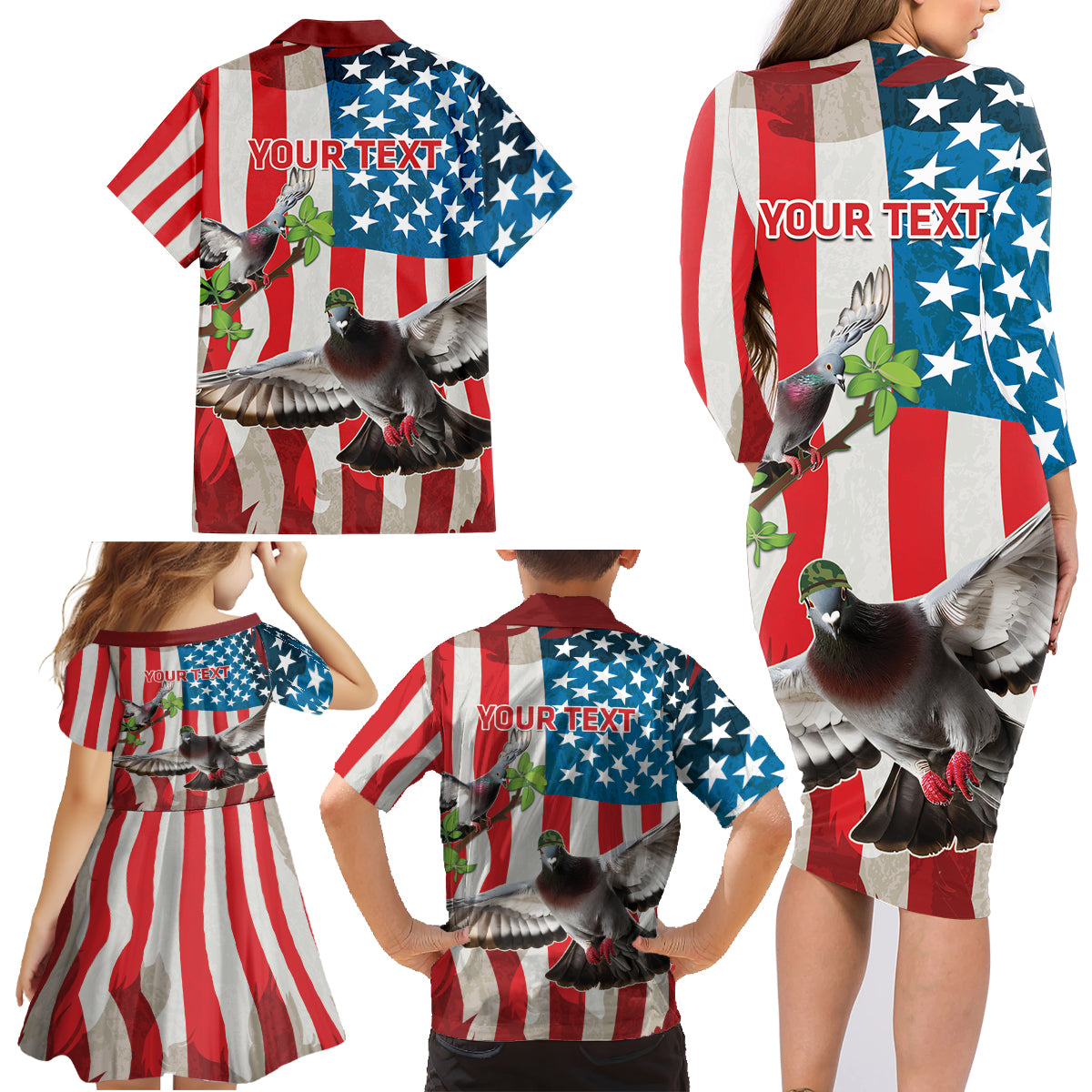 Personalized United States Pigeon Day Family Matching Long Sleeve Bodycon Dress and Hawaiian Shirt Proud Of Our Heroes Grunge Style - Wonder Print Shop