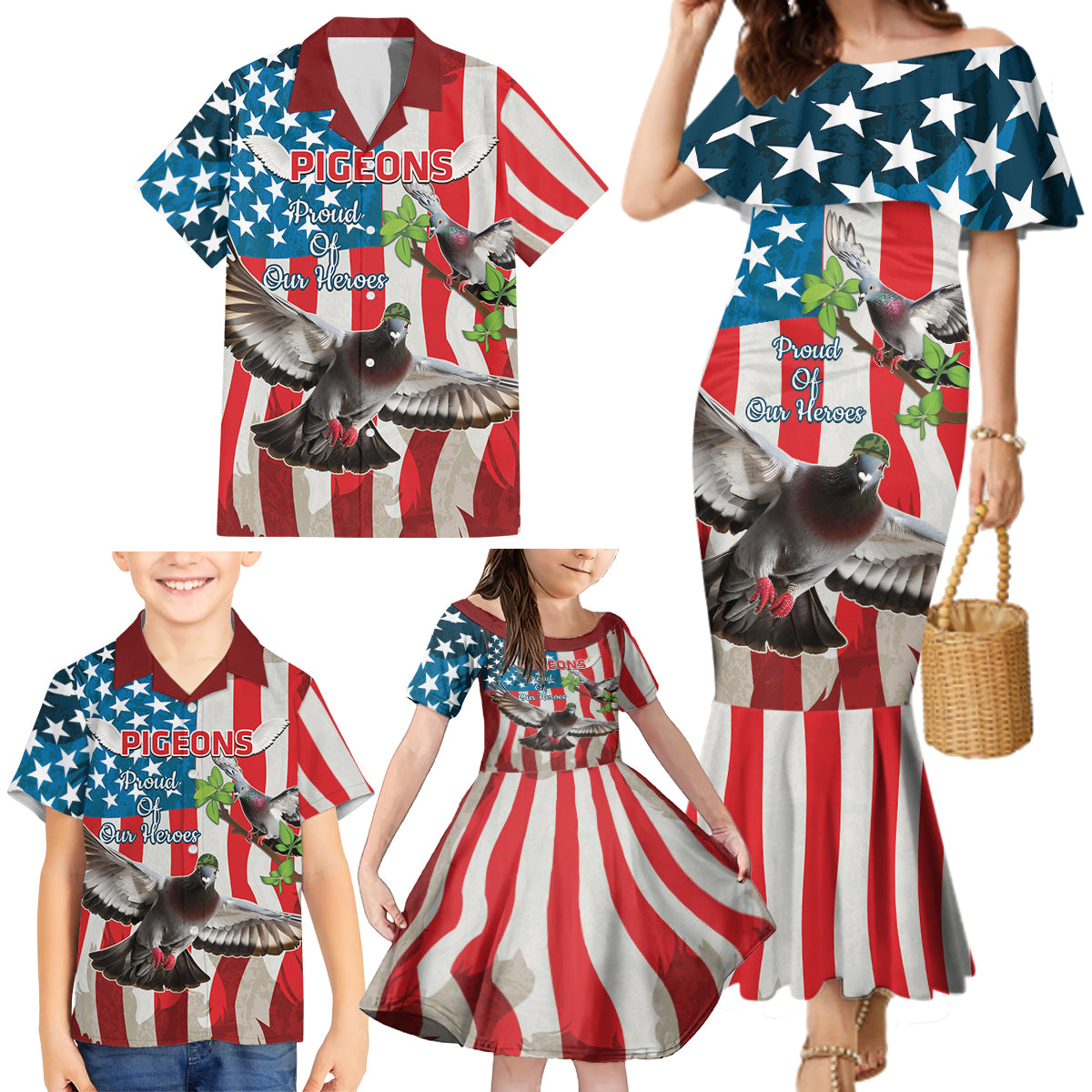 Personalized United States Pigeon Day Family Matching Mermaid Dress and Hawaiian Shirt Proud Of Our Heroes Grunge Style - Wonder Print Shop