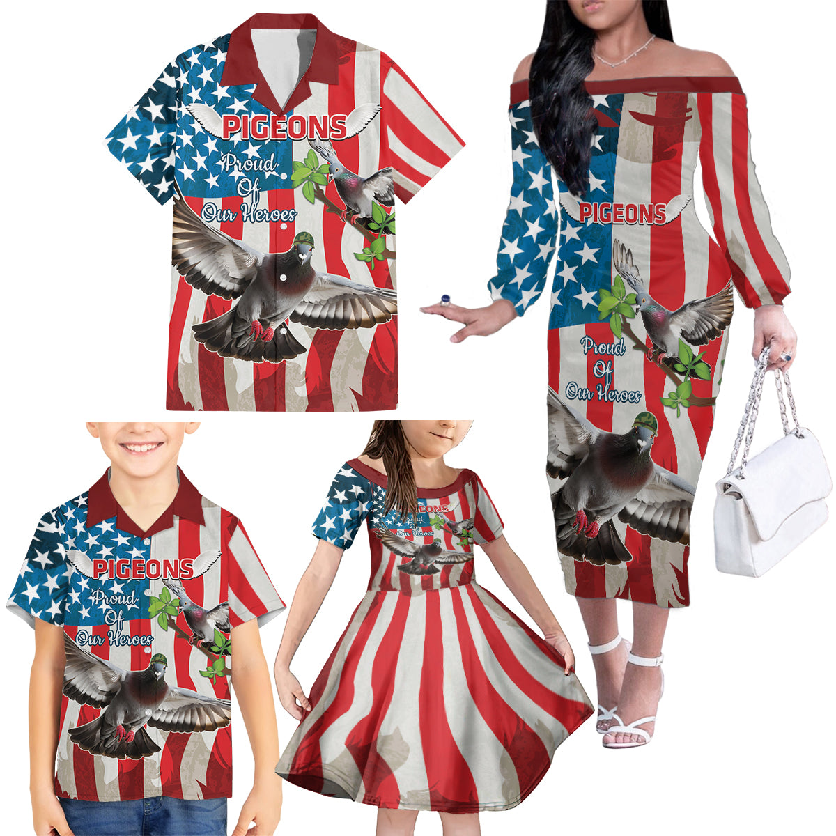 Personalized United States Pigeon Day Family Matching Off The Shoulder Long Sleeve Dress and Hawaiian Shirt Proud Of Our Heroes Grunge Style - Wonder Print Shop