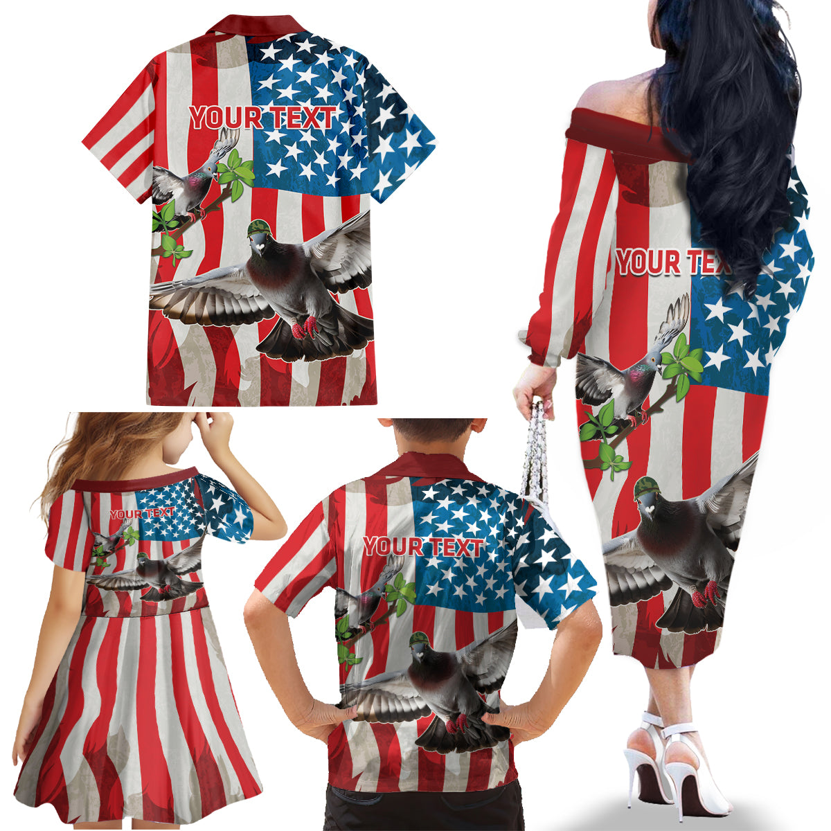 Personalized United States Pigeon Day Family Matching Off The Shoulder Long Sleeve Dress and Hawaiian Shirt Proud Of Our Heroes Grunge Style - Wonder Print Shop