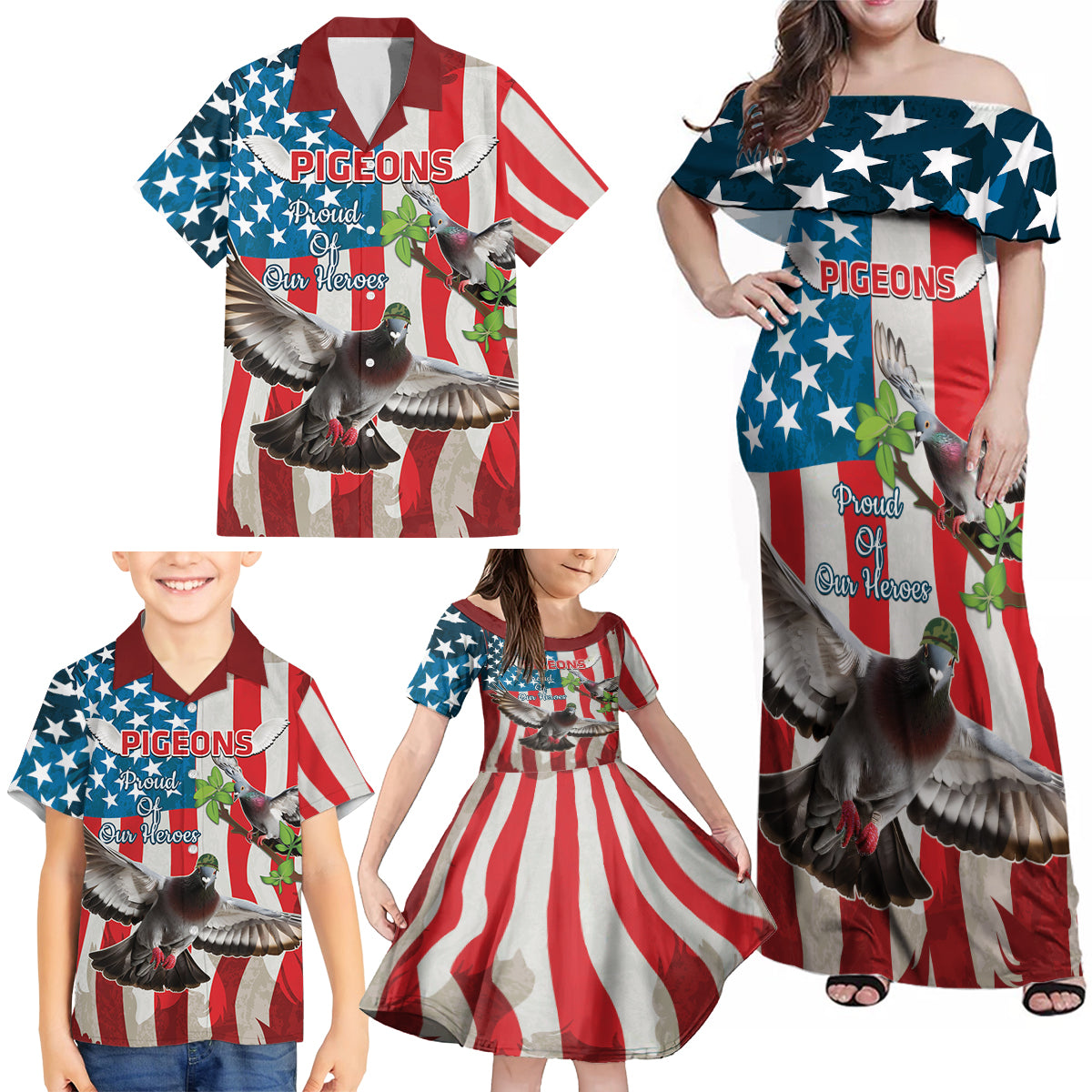 Personalized United States Pigeon Day Family Matching Off Shoulder Maxi Dress and Hawaiian Shirt Proud Of Our Heroes Grunge Style - Wonder Print Shop