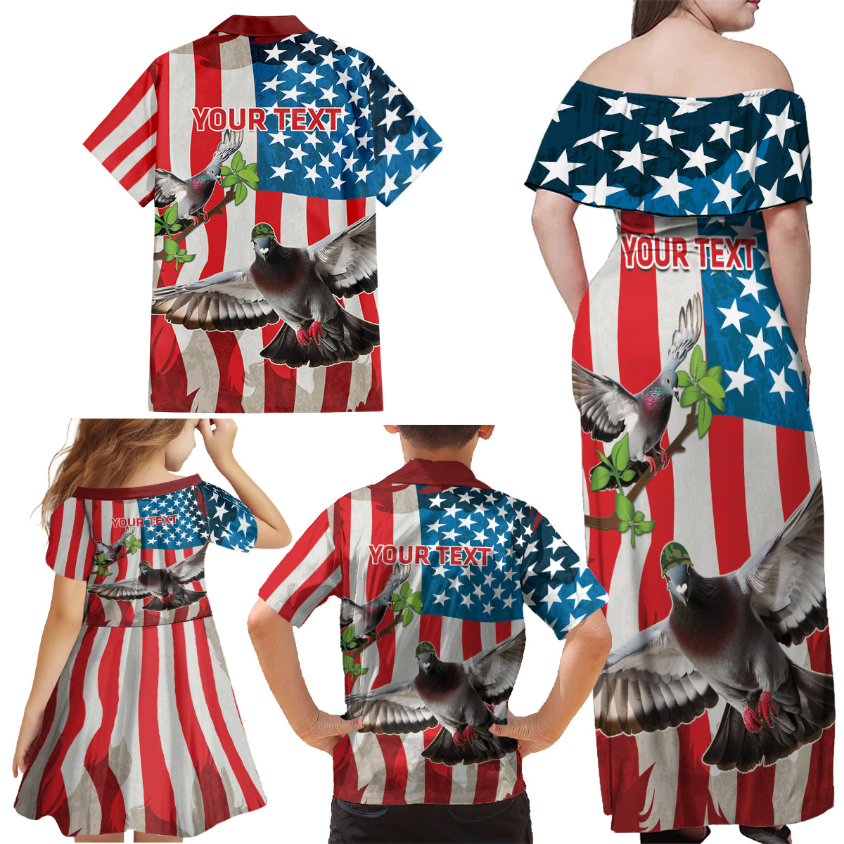 Personalized United States Pigeon Day Family Matching Off Shoulder Maxi Dress and Hawaiian Shirt Proud Of Our Heroes Grunge Style - Wonder Print Shop