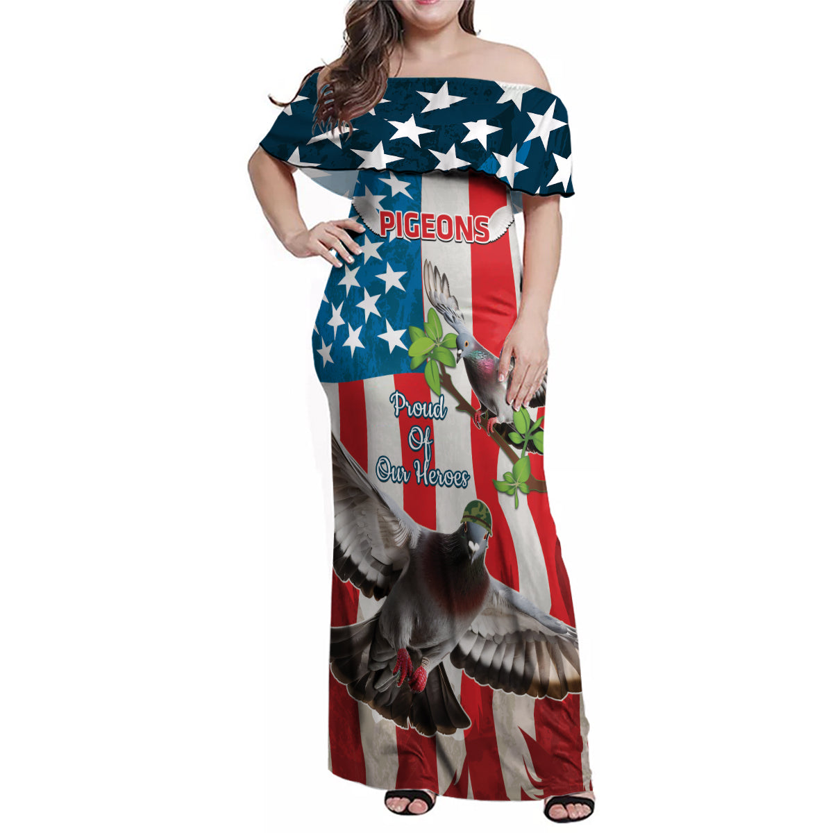 Personalized United States Pigeon Day Family Matching Off Shoulder Maxi Dress and Hawaiian Shirt Proud Of Our Heroes Grunge Style - Wonder Print Shop