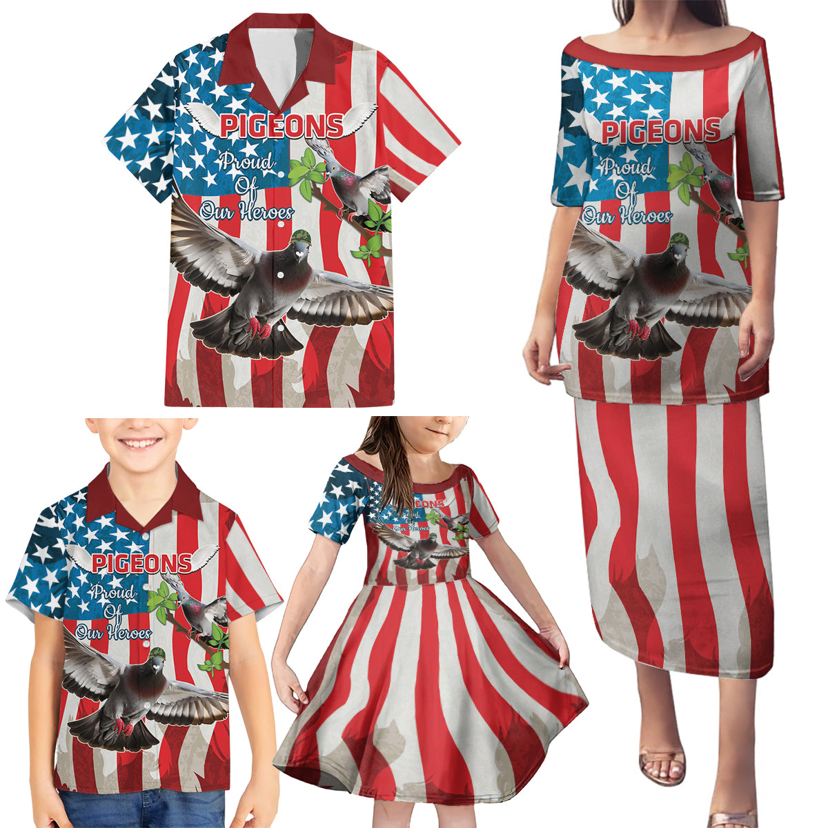 Personalized United States Pigeon Day Family Matching Puletasi and Hawaiian Shirt Proud Of Our Heroes Grunge Style - Wonder Print Shop