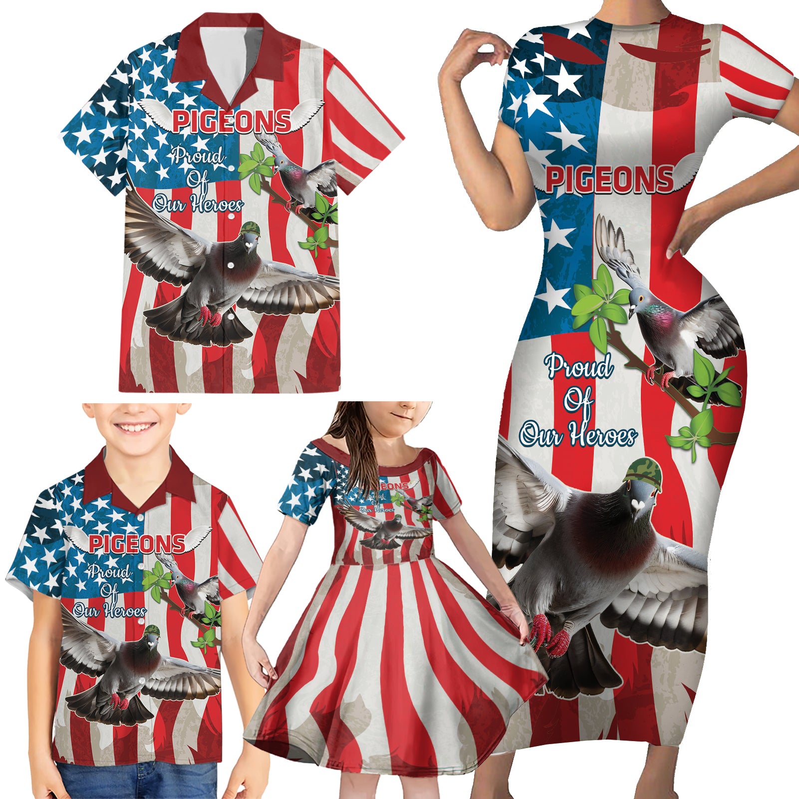 Personalized United States Pigeon Day Family Matching Short Sleeve Bodycon Dress and Hawaiian Shirt Proud Of Our Heroes Grunge Style - Wonder Print Shop