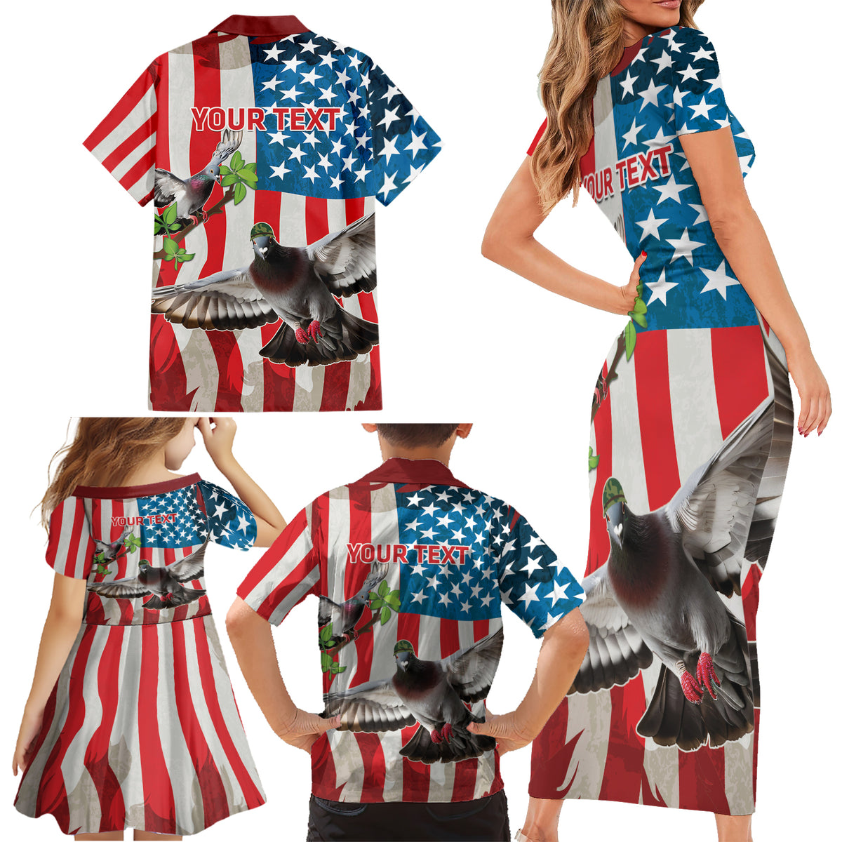 Personalized United States Pigeon Day Family Matching Short Sleeve Bodycon Dress and Hawaiian Shirt Proud Of Our Heroes Grunge Style - Wonder Print Shop