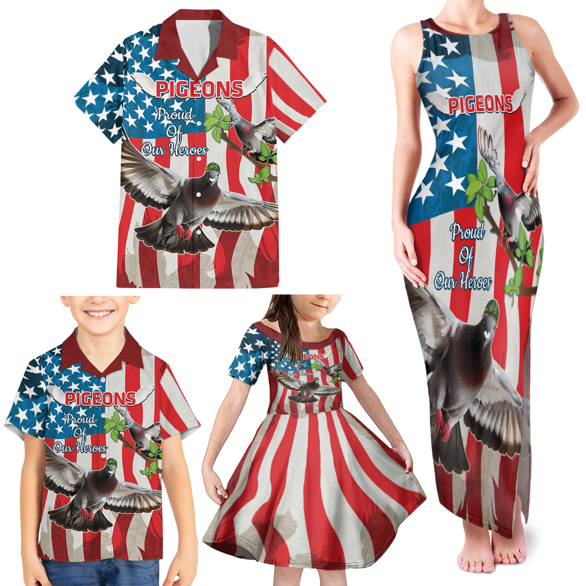 Personalized United States Pigeon Day Family Matching Tank Maxi Dress and Hawaiian Shirt Proud Of Our Heroes Grunge Style - Wonder Print Shop