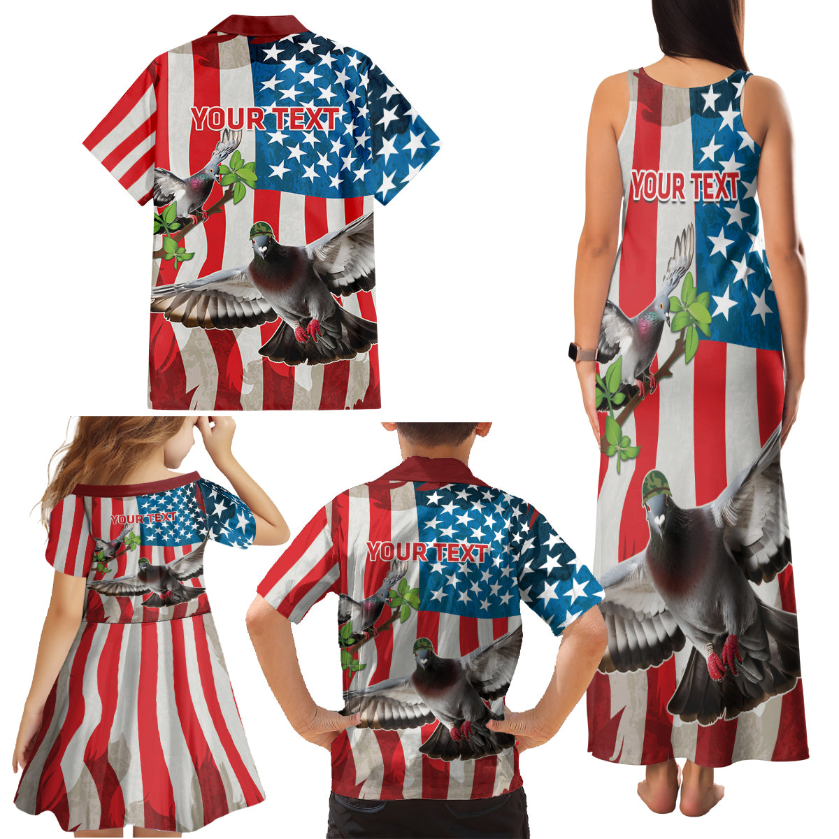 Personalized United States Pigeon Day Family Matching Tank Maxi Dress and Hawaiian Shirt Proud Of Our Heroes Grunge Style - Wonder Print Shop