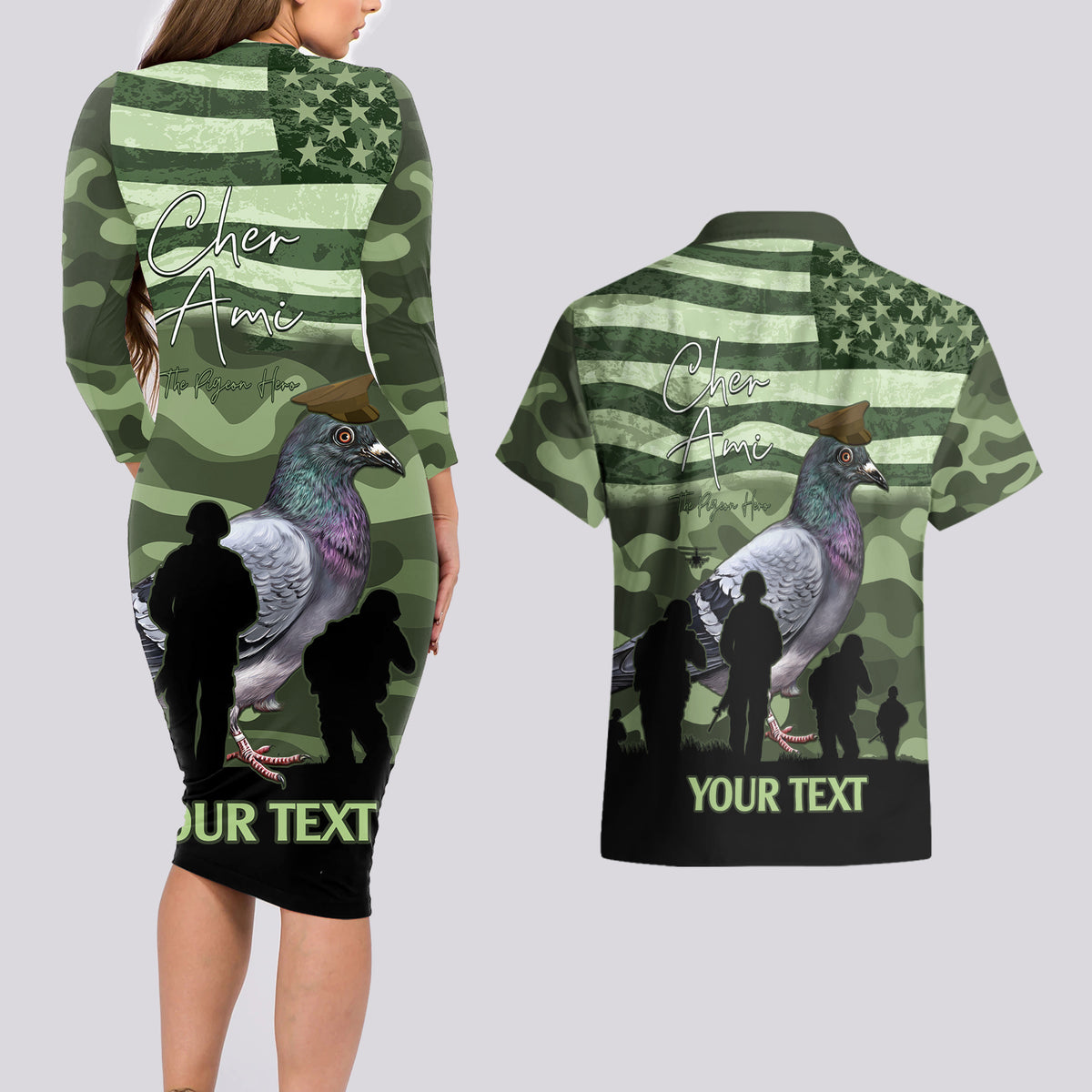 Personalized USA Cher Ami Couples Matching Long Sleeve Bodycon Dress and Hawaiian Shirt Lest We Forget Pigeon Hero - Wonder Print Shop
