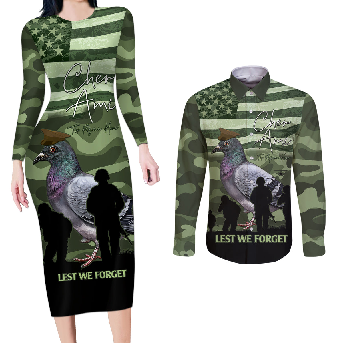 Personalized USA Cher Ami Couples Matching Long Sleeve Bodycon Dress and Long Sleeve Button Shirt Lest We Forget Pigeon Hero - Wonder Print Shop