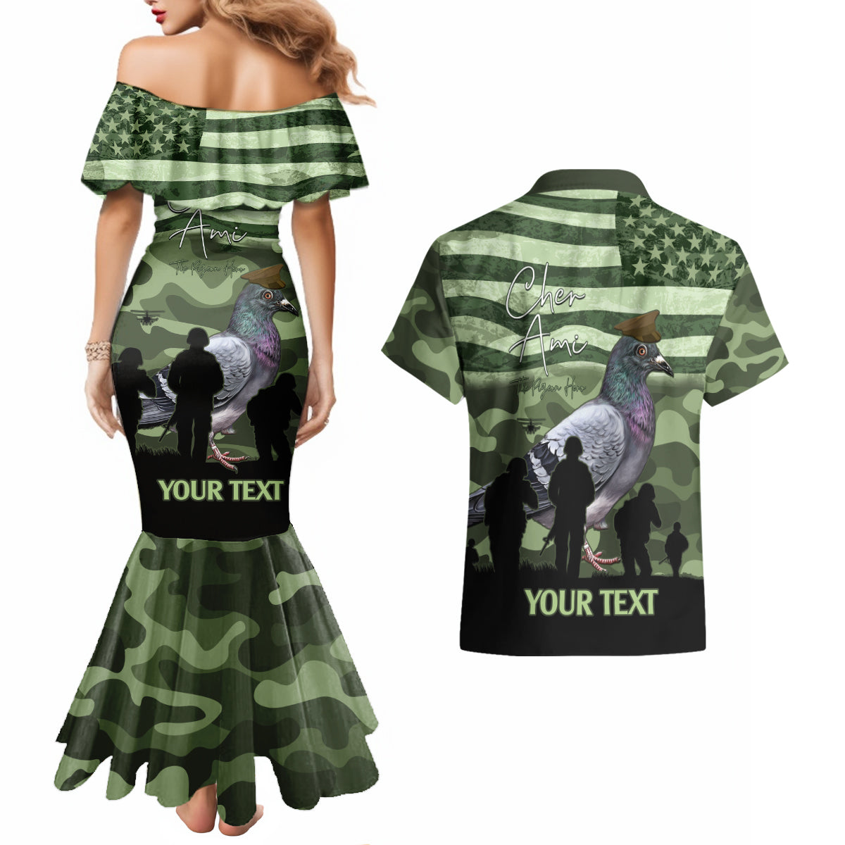 Personalized USA Cher Ami Couples Matching Mermaid Dress and Hawaiian Shirt Lest We Forget Pigeon Hero - Wonder Print Shop