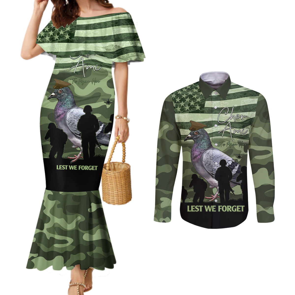 Personalized USA Cher Ami Couples Matching Mermaid Dress and Long Sleeve Button Shirt Lest We Forget Pigeon Hero