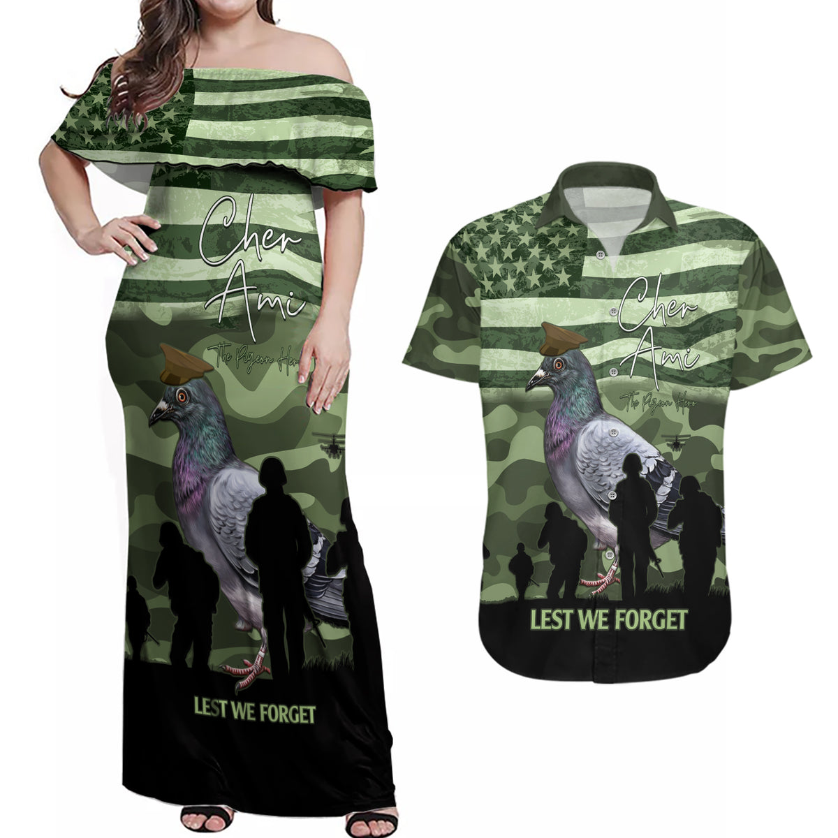 Personalized USA Cher Ami Couples Matching Off Shoulder Maxi Dress and Hawaiian Shirt Lest We Forget Pigeon Hero - Wonder Print Shop